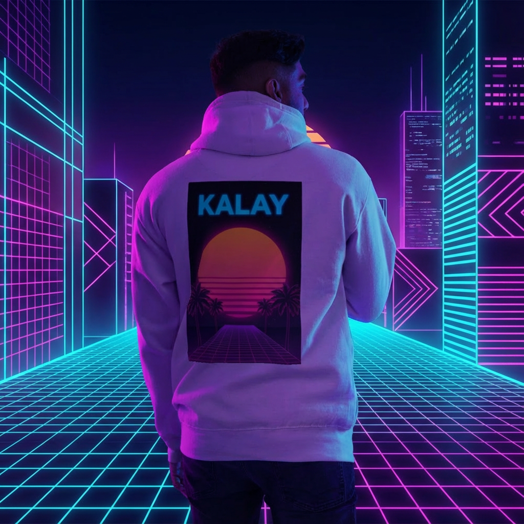 Felpa KALAY Sunset Grid - Hoodie Bianco Synthwave Vaporwave Streetwear Unisex