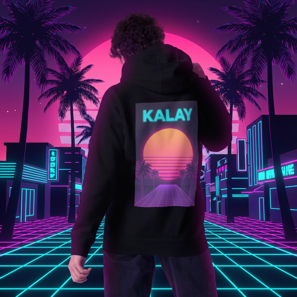 Felpa KALAY Sunset Grid - Hoodie Bianco Synthwave Vaporwave Streetwear Unisex