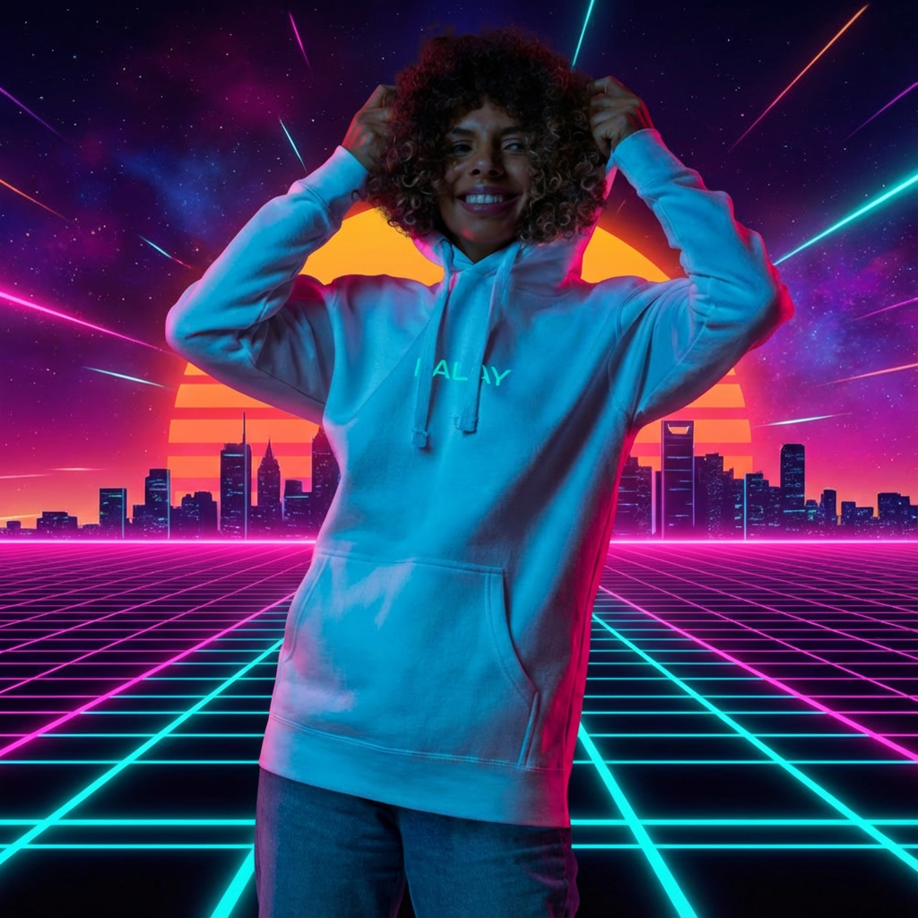 Felpa KALAY Sunset Grid - Hoodie Bianco Synthwave Vaporwave Streetwear Unisex