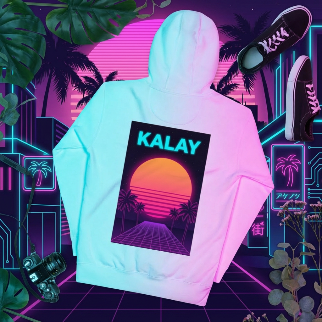 Felpa KALAY Sunset Grid - Hoodie Bianco Synthwave Vaporwave Streetwear Unisex